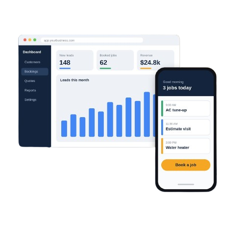 App dashboard and mobile booking app mockup showing leads, jobs, and revenue tracking